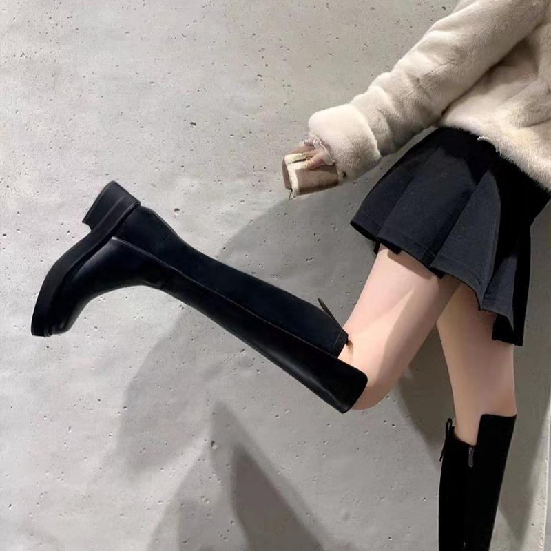 Ботинки из толстой коровьей кожи средней длины на толстой подошве, эластичные ботфорты, женские осенне-зимние кожаные сапоги до колена