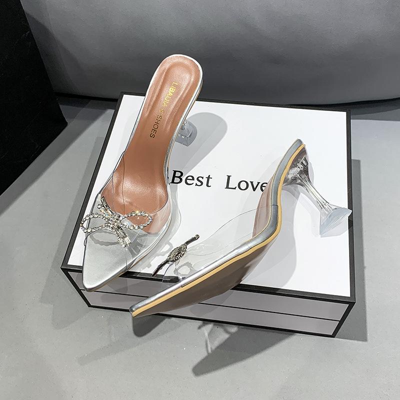 Европейская и американская внешняя торговля бант тонкий каблук кристалл и сандалии женские слово с острым высоким каблуком тапочки тапочки