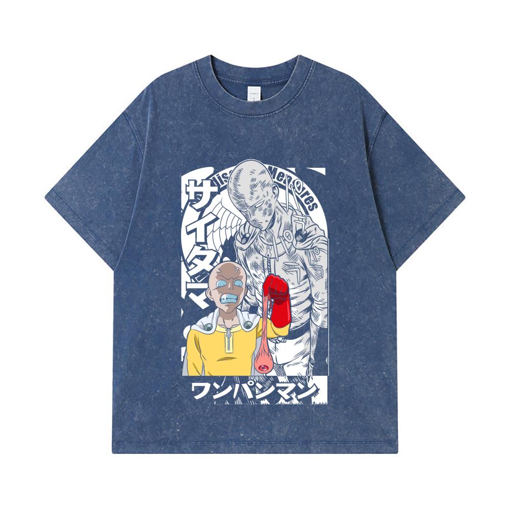 275 GSM Washed T-shirts 100% Cotton One Punch Man V6 Saitama Print Unisex Heavy Cotton T Shirt