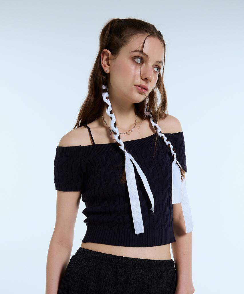 LARTIGENT L11 Cable Off Shoulder Knit(Navy)