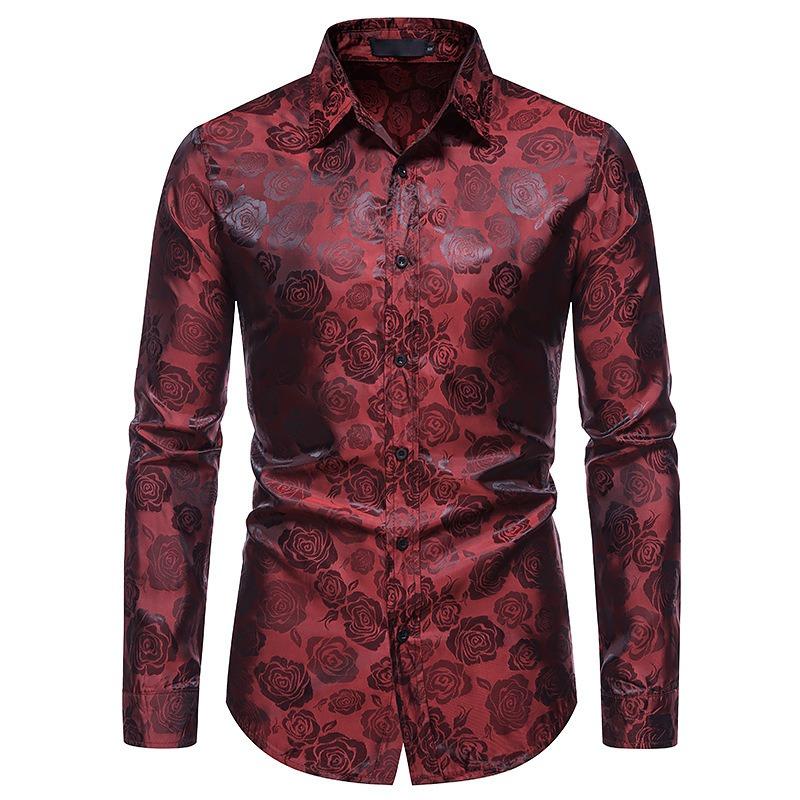 Men S Long Sleeve Rose Print Slim Fit Casual Shirt