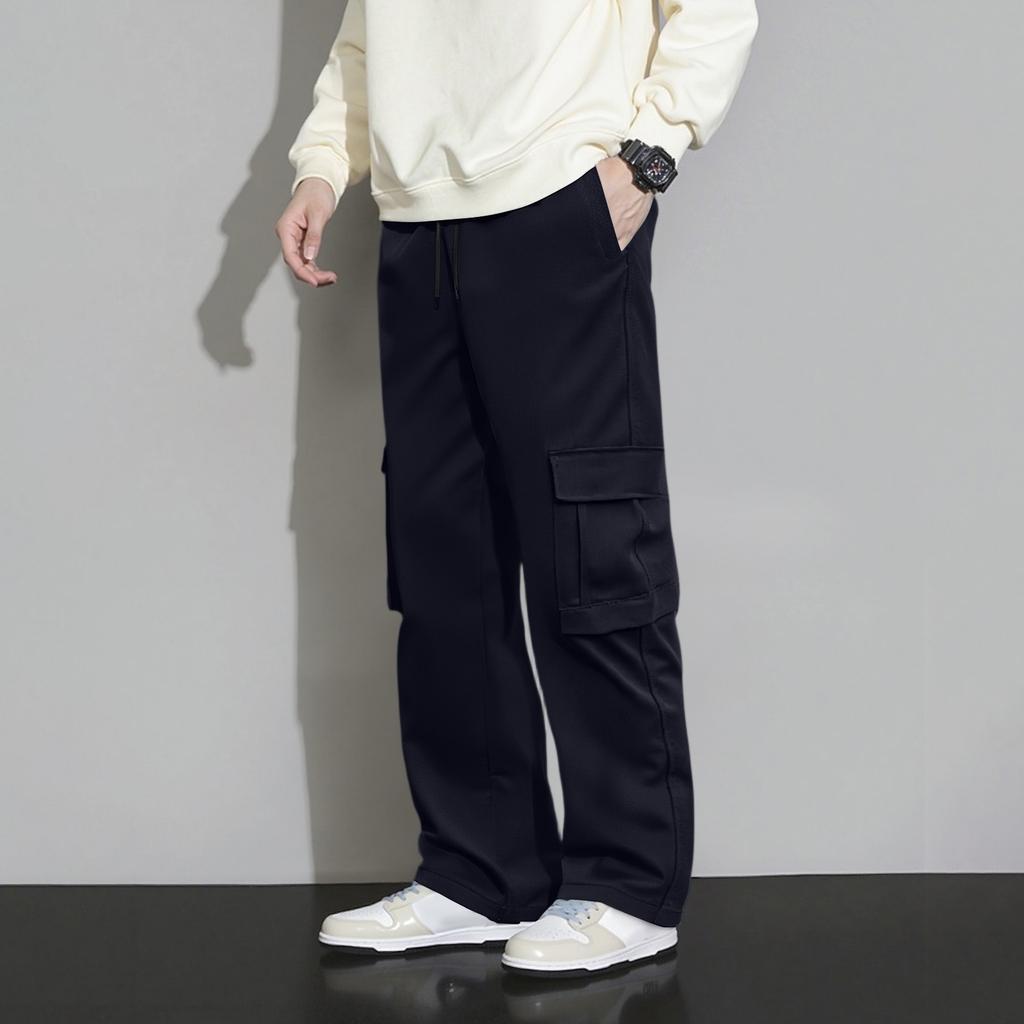 Men's Loose Casual Multi-pocket Work Pants, Youth Stretch Waist Drawstring Pants
