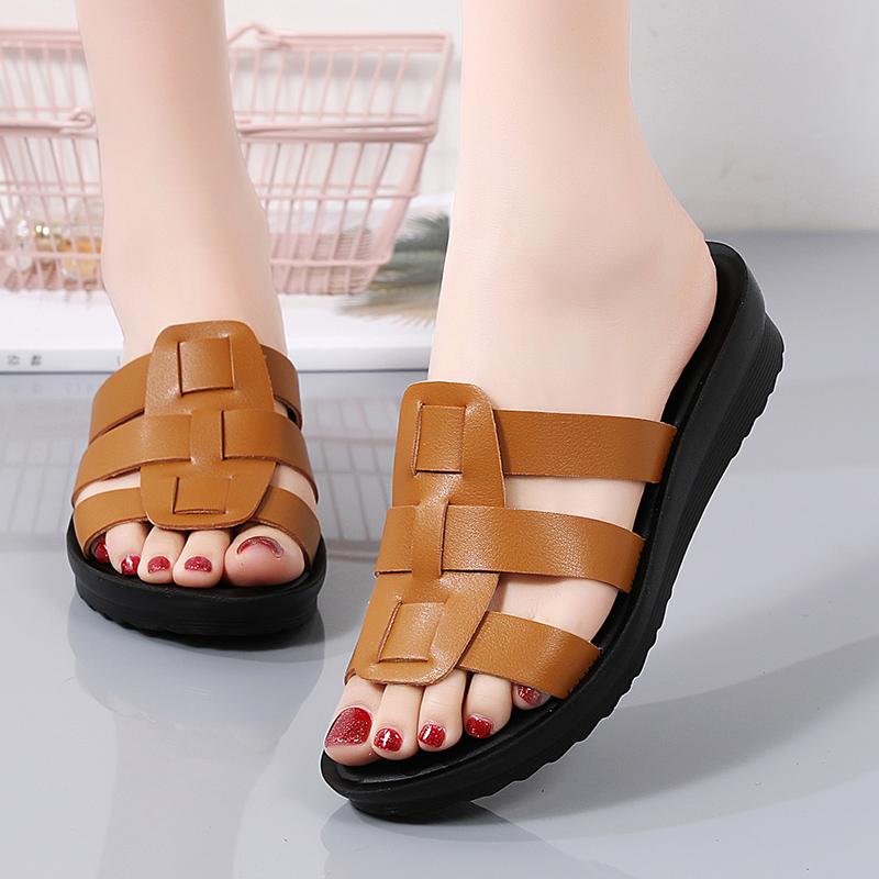 Летние женские сандалии из натуральной кожи на плоском каблуке, домашние сандалии, обувь для мам, мягкие домашние тапочки