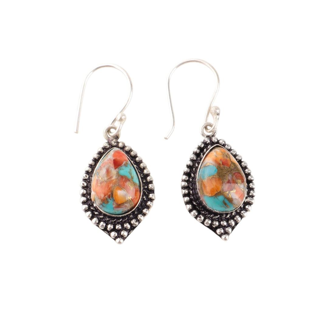 Natural Spiny Oyster Gemstone 925 Sterling Silver Jewelry Handmade Earrings 1.6" EE-164-45