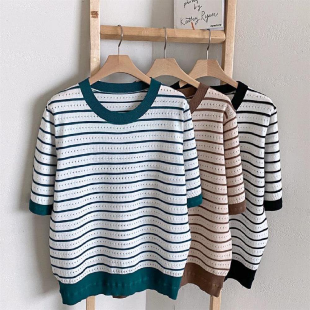 New Arrivals Open Run Women Casual Rayon Punching Stripe Color Block Short Sleev