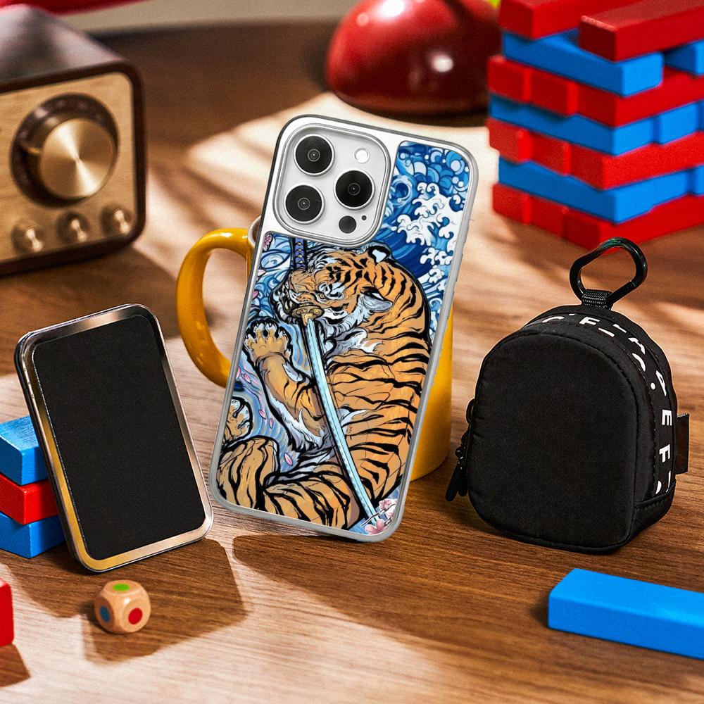 White Tiger japan art painting pattern Phone Case for iPhone 16 15 14 13 12 11 Pro Max Sheepskin Silver-edged protective case