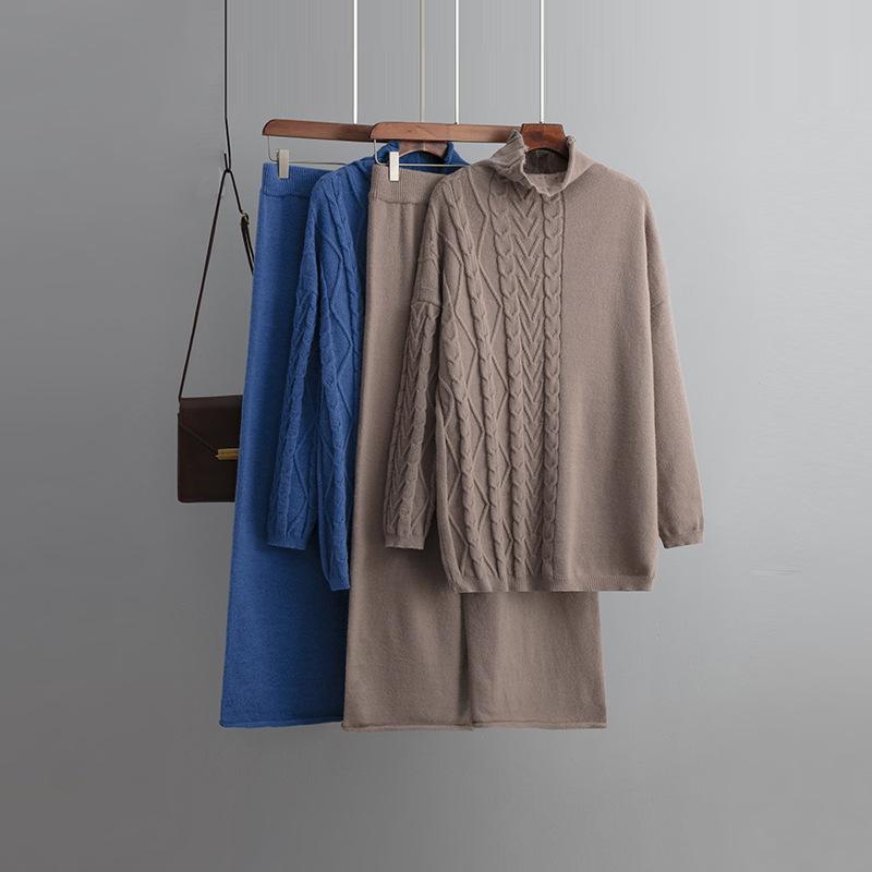 QICED Осенне-зимний комплект большого размера с высоким воротом, модный, нежный и непринужденный стиль, комплект из двух предметов свитера, однотонный трикотажный