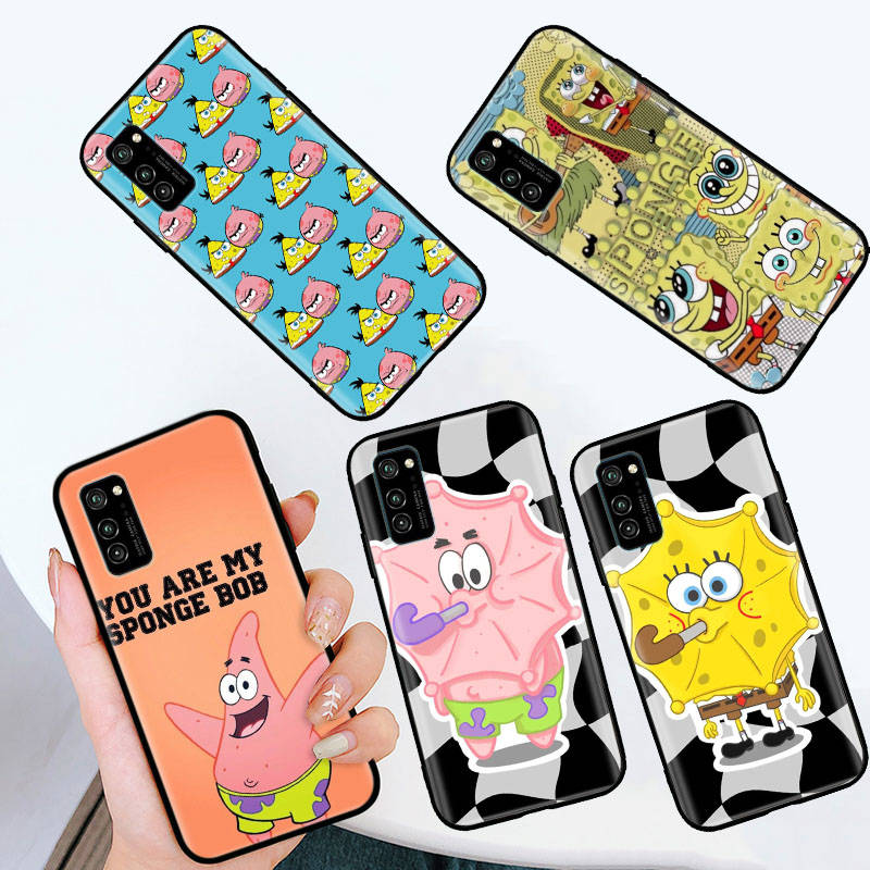 Черный чехол для iPhone 16 15 Plus 14 13 12 11 Pro 8 6 SE XR XS Max P30 Nova 5T Y5P Y6 Y7 Y8P Y9 Realme C30 C33 C31 S-41 Губка Боб Мультфильм