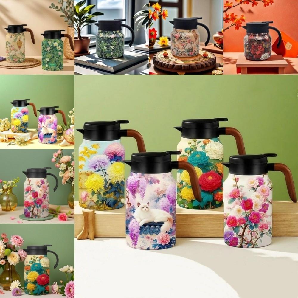 Chinese Style Retro Flower Insulated Kettle Hot Water Stainless Steel Vacuum Flask Vintage Floral Printing Water Cup for Outdoor