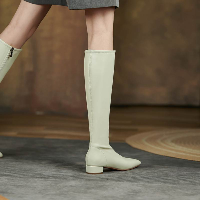 Krazing Pot Осенне-зимняя обувь из коровьего спилка на низком каблуке, сапоги для верховой езды, квадратный нос, сохраняющие тепло, высокие сапоги на молнии