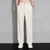 Men Ice Silk Casual Long Pants Elastic Waist Buttons Fly Pockets Straight Wide Leg Draped Thin Business Trousers
