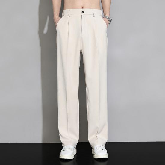 Men Ice Silk Casual Long Pants Elastic Waist Buttons Fly Pockets Straight Wide Leg Draped Thin Business Trousers