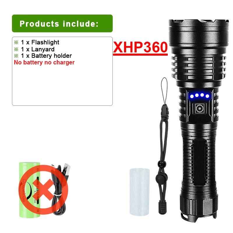 2024 Newest XHP 360 Super Bright High Power Flashlight Rechargeable 26650 Torch Outdoor Lighting Fishing Lantern Camping Light