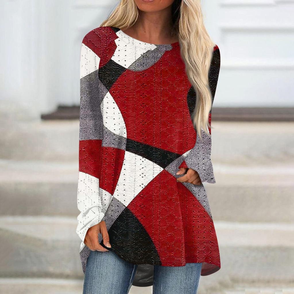 Womens Tops Round Neck Long Sleeve Blouses Casual Mid-length Shirts Fashion Print Tunic Tops