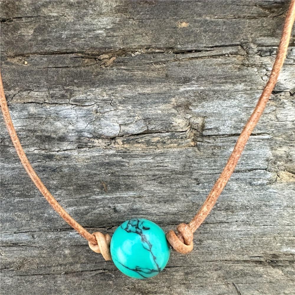 Bohemian Style Turquoise Bead Choker Necklace, Simple Vintage Retro Leather Cord Clavicle Chain