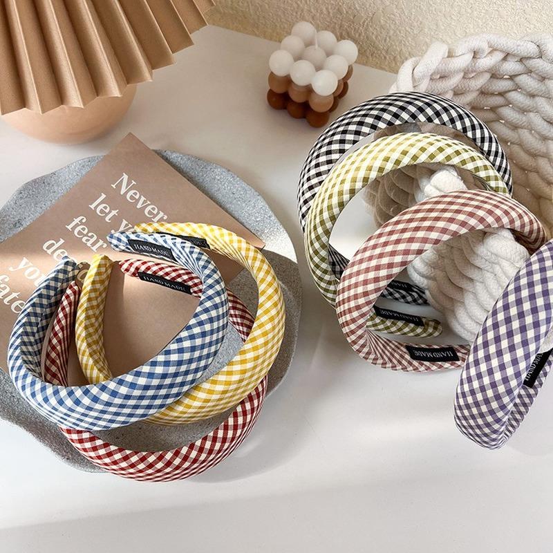 Spring and summer Sen series plaid headband girl cute headband Korean net red simple wide-brimmed sponge high skull top hairpin