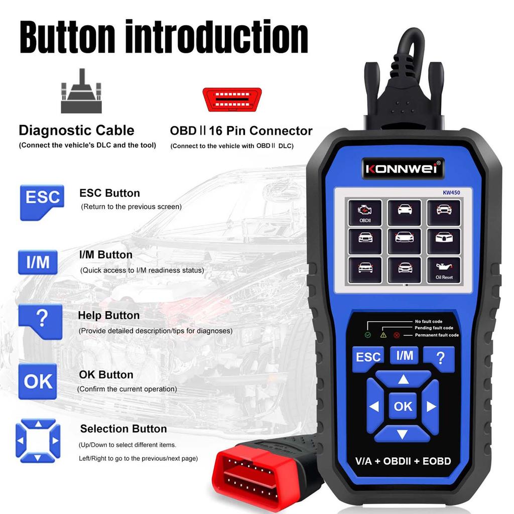 KONNWEI KW450 All System OBD Scanner Diagnostic Tool with 11 Special Function Battery Matching,