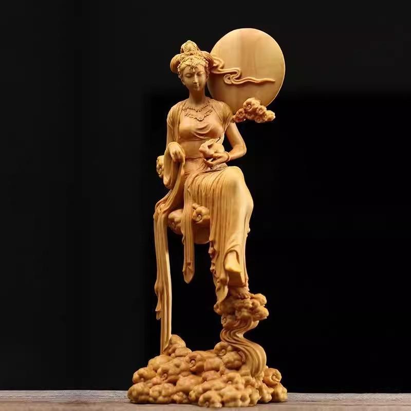 Natural Solid Wood Chang'e Fairy Characters Statue, Hand-carved Mythology, Jade Rabbit, Lmmortal, HomeRoomOffice Decoration, A