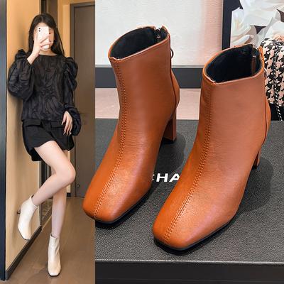 Модные Новые Простые Ботильоны на Квадратном Каблуке Ботильоны Боковые Молнии Заостренный Замшевый Высокий Каблук Модная Женская Обувь