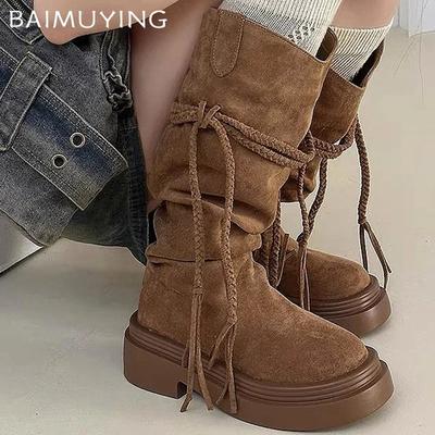 Платформа Женские туфли на высоком каблуке с плетением на среднем каблуке Замшевые сапоги до колена Мотоциклетные сапоги 2024 года Тренд Зима Дизайнер Готика Botas De Mujer