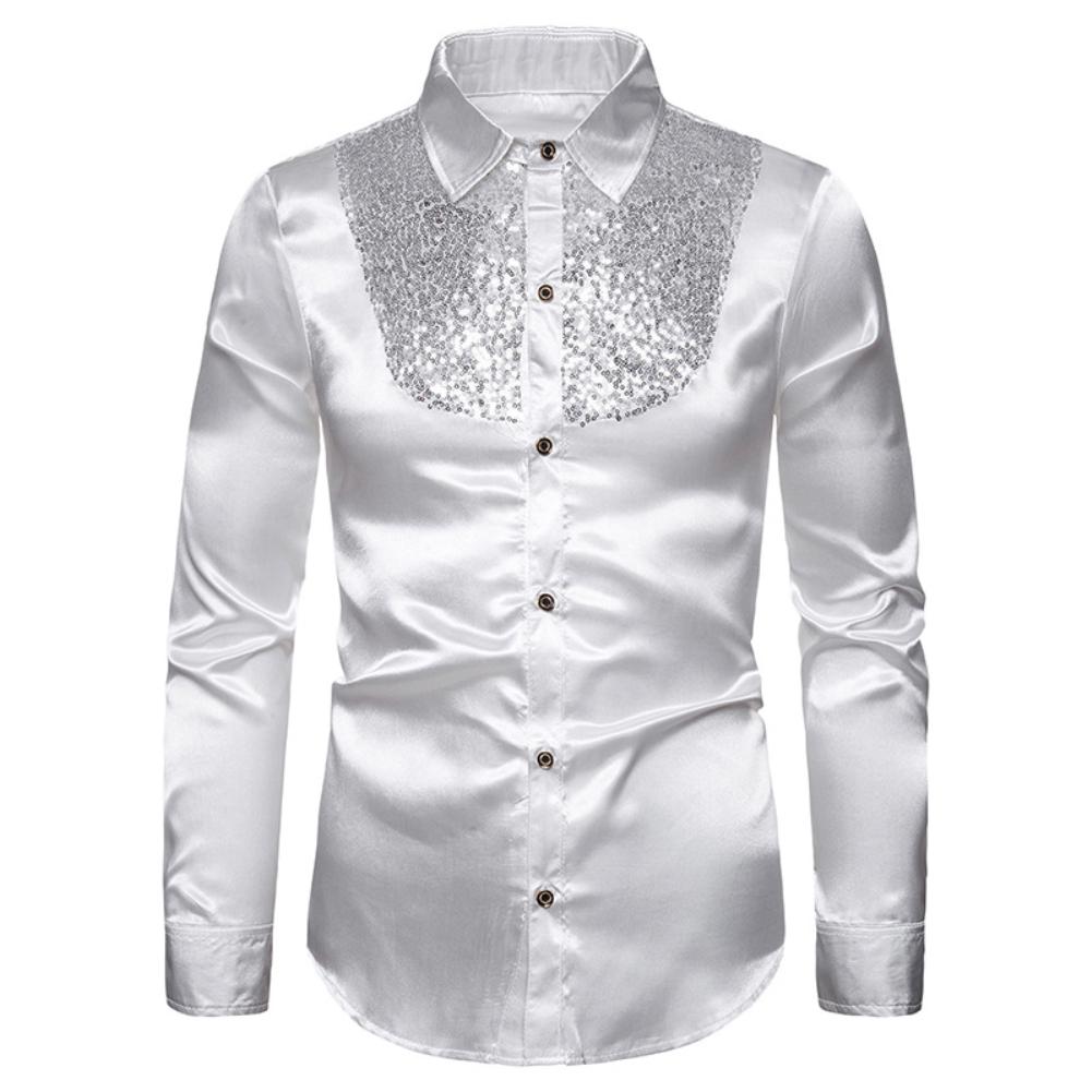 Men Solid Color Long Sleeve Shiny Sequins Buttons Stage Business Nightchlub Shirt