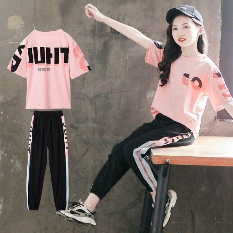 Новый летний спортивный костюм из двух частей для девочек: Топ и брюки с коротким рукавом для детей среднего и большого размера
