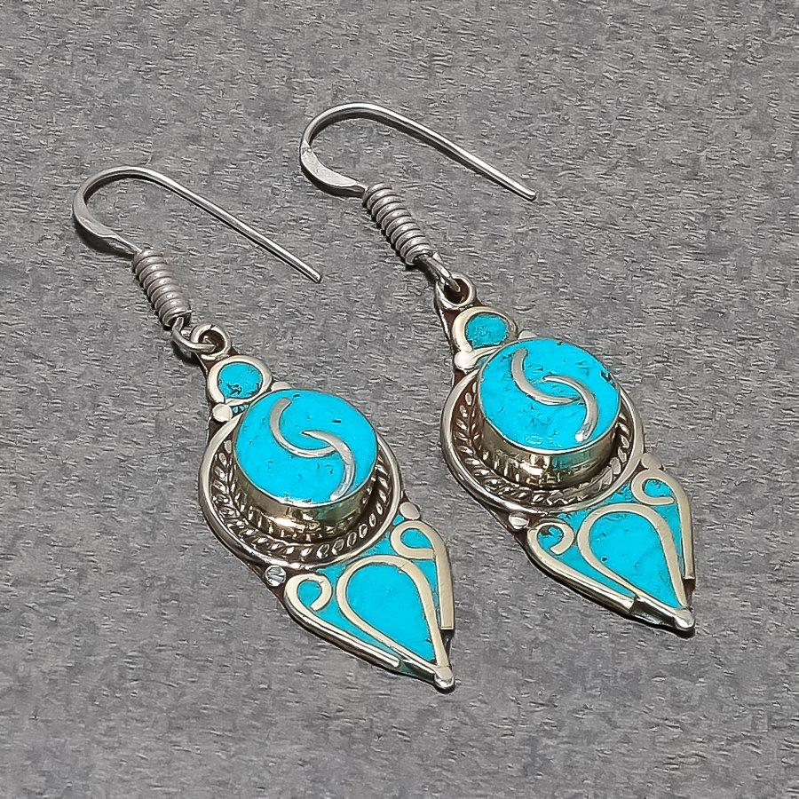 Turquoise Gemstone Earrings Tibetan Handmade Bahamas Nepali Jewelry 2.4" NE 5263