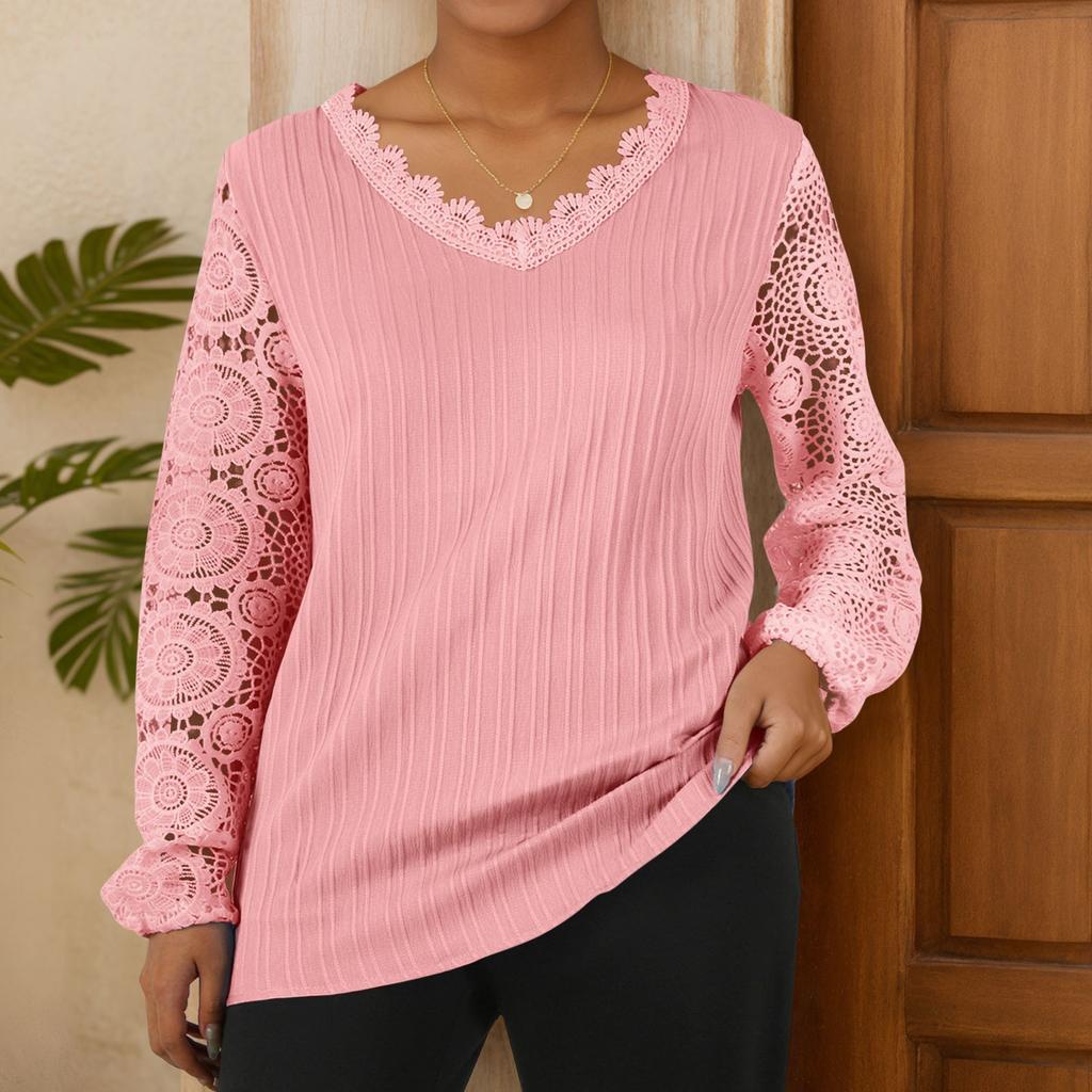 Женская свободная повседневная футболка с v-образным вырезом и кружевом в стиле пэчворк с длинными рукавами