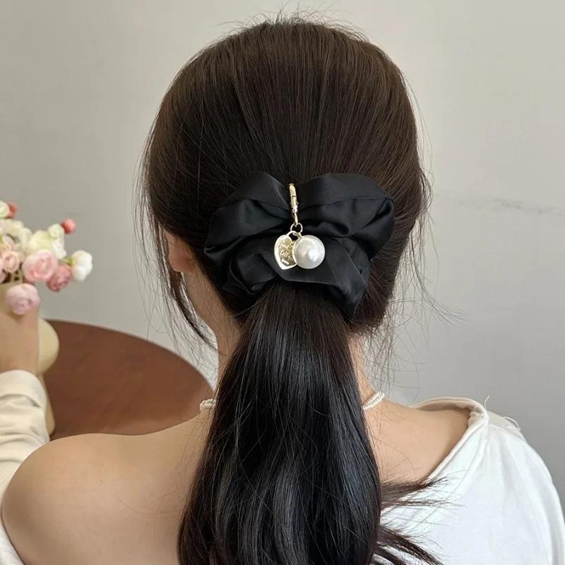 1pcs Vintage Satin Silk Solid Scrunchies for Hair Girls With Gold Heart Pearls for Women Hair Accessories Hairties