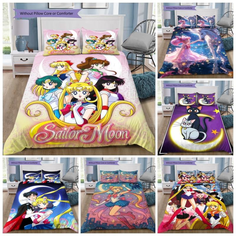 Anime Sailor Moon Group 3 Piece Bedding Set, Pink Magical Girl Duvet Cover Set