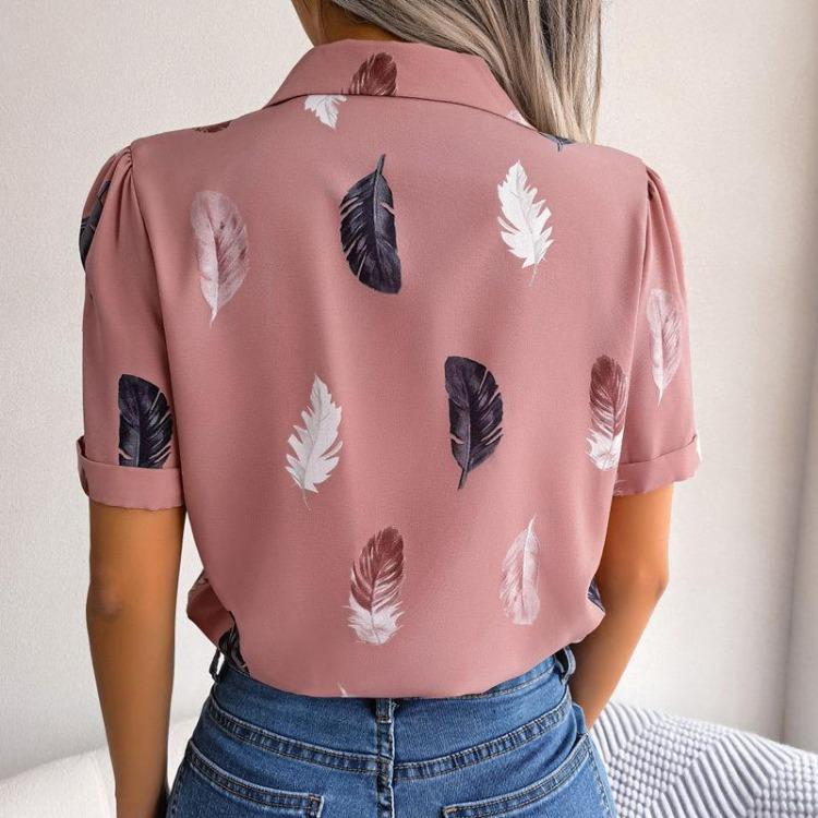 Women's Summer Casual Loose Feather Collar Short Sleeve Blouse Top All Match Shirt Suit