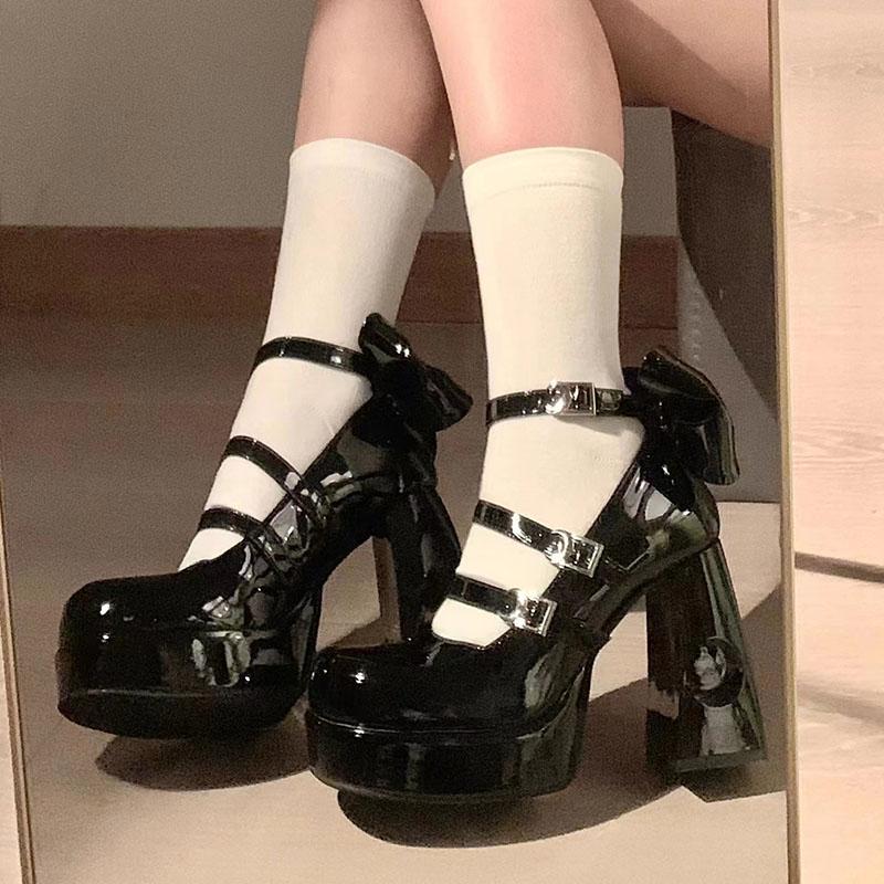 Fashion Mary Janes High Heel Cosplay Girls Pumps Buckle Bowknot Platform Elegant Punk Gothic Lolita Dress Fashion Shoes Platform Heels