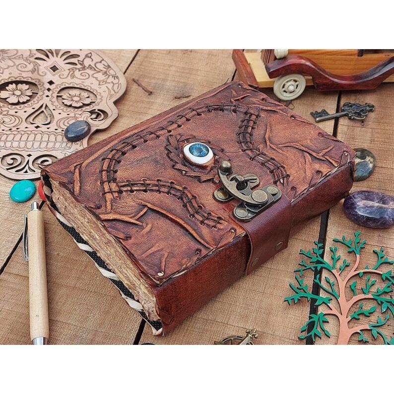 Vintage Leather Journal Grimoire Spell Book Third Eye Wicca Pegan Notebook for Travel Sketchbook Men Women Best Gift