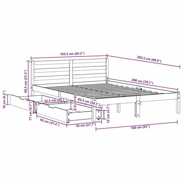 VidaXL Cadre de lit avec tiroirs 160x200 cm bois massif de pin, sommier, cadre de lit double, cadre de lit en bois massif, 3301544