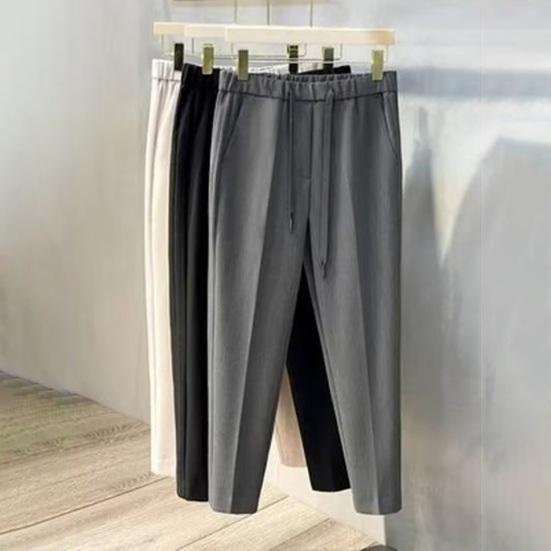 Men Suit Pants Drawstring Elastic Waist Straight Leg Solid Color Loose Formal Business Style Office Wear