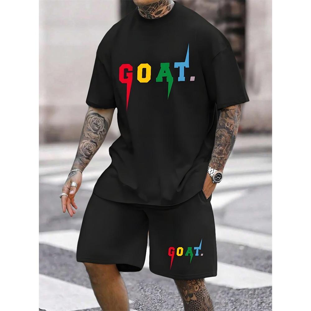 Summer Everyday Casual Men's Short Sleeve Shorts Set Colorful Bear Print Men's T-shirt And Colorful Graffiti Print Shorts Set