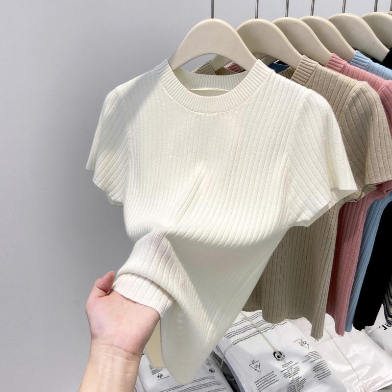 Нежный ветрозащитный трикотажный топ с короткими рукавами, круглым вырезом, женский летний, мягкий, восковой и тонкий, однотонный, с темпераментом, базовый