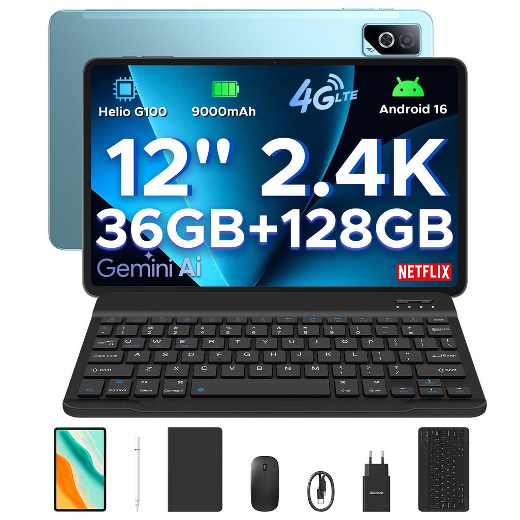 DOOGEE Tab G6 Pro 12 Inch 2.4K Tablet, Android 16 Tablet with Keyboard, 36GB+128GB/2TB, 9000mAh Battery, 4G LTE, Tablet with Pen, Mouse&Case