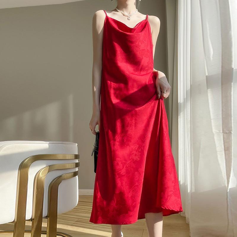 Silk Satin Spring Summer Ladies Swing Neck Jacquard Temperament Slimming Slip Dress with Silk Slip Slip Dress