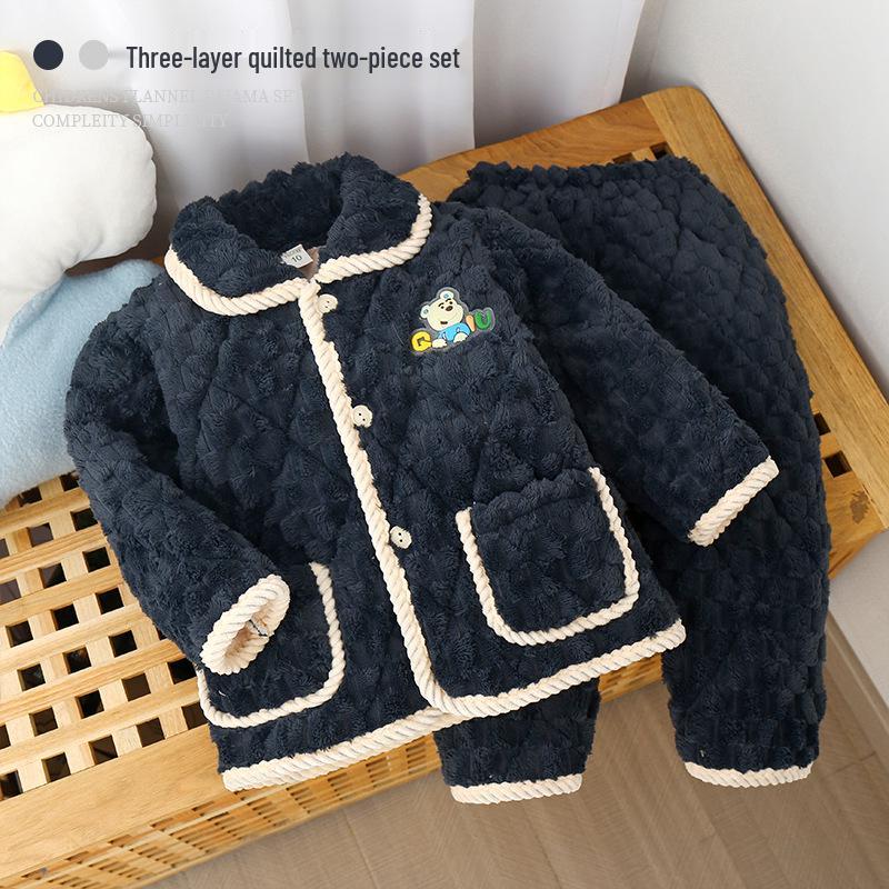 Детская зимняя фланелевая пижама: Толстый коралловый флис, трехслойный стеганый, комплект для родителей и детей