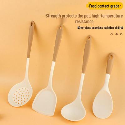 Силиконовый набор кухонных инструментов с розовыми ручками: Лопатка, Лопатка для стир-фрая, Половник, Ложка для риса, Шумовка - Термостойкие.