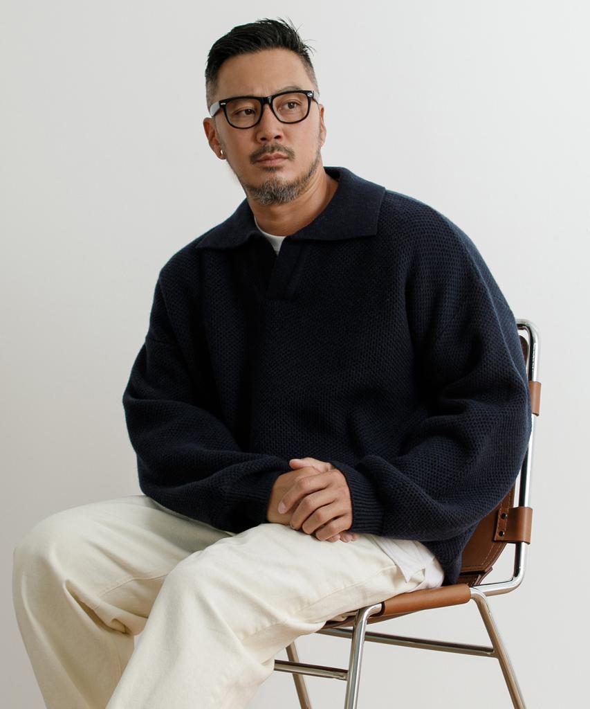 RUGGED HOUSE Open Collar Oversized Lambswool Knit Navy
