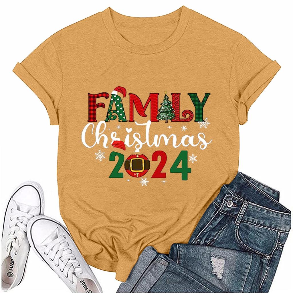 Женский повседневный рождественский принт с короткими рукавами и круглым вырезом, свободный пуловер, топ