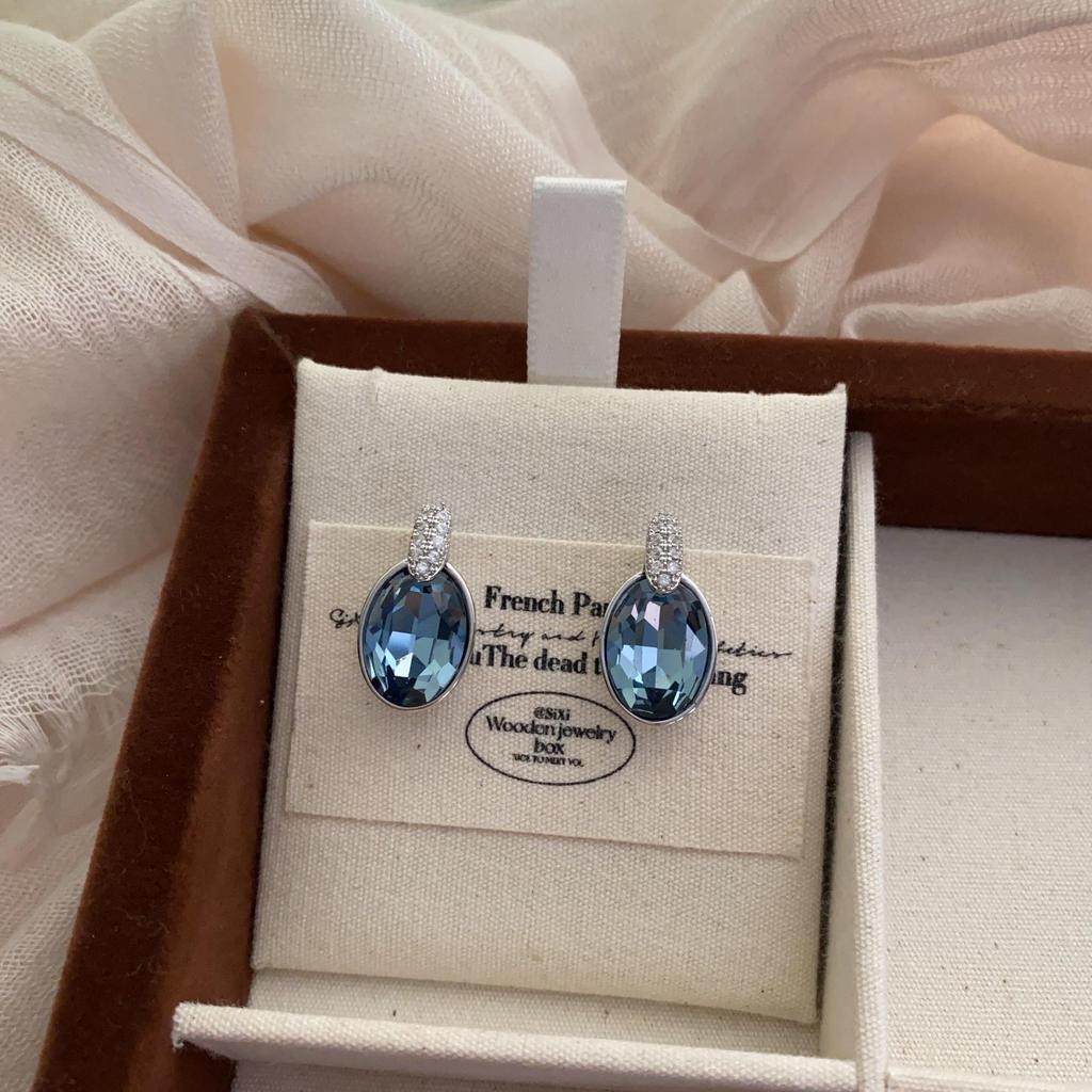 Oval French Niche Premium Temperament Stud Earrings Blue Brown Crystal Diamond Cut Earrings