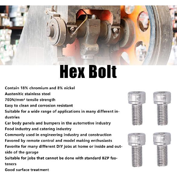 Hex Bolt, 1.25mm Fine Pitch M10 4Pcs Socket Cap Screw Bright Finish A2-70 Stainless Steel for Construction for DIY Jobs for Automotive