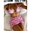 Swimsuit Women's Split Three Piece Dress Stripe Halter Neck Lace Up Drawstring Printed Bikini Sets