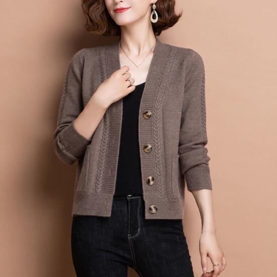 Женский вязаный кардиган на весну и осень, с v-образным вырезом и пуговицами, с длинными рукавами, сплошной цвет, женское пальто среднего возраста, топ, уличная одежда