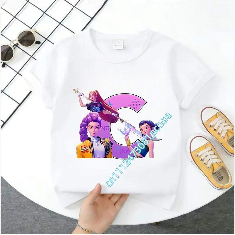 K Pop Demon Huntersd Children's Short-Sleeved Girls' Casual Shirt - Summer Pure Polyester T-Shirt with Letter A-Z Cartoon Print