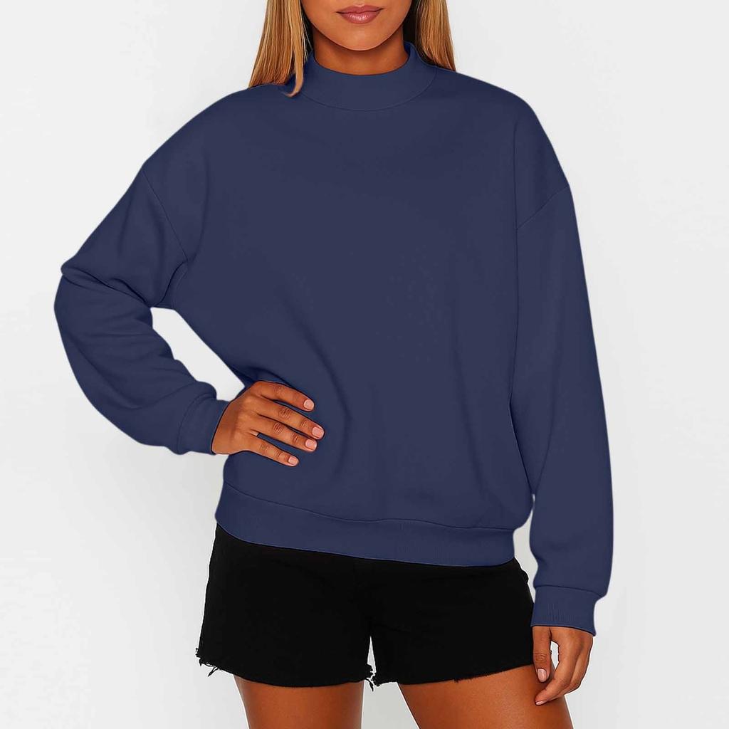 Women's Solid Color Fleece Sweatshirt With A Small High Neck And Loose Fit