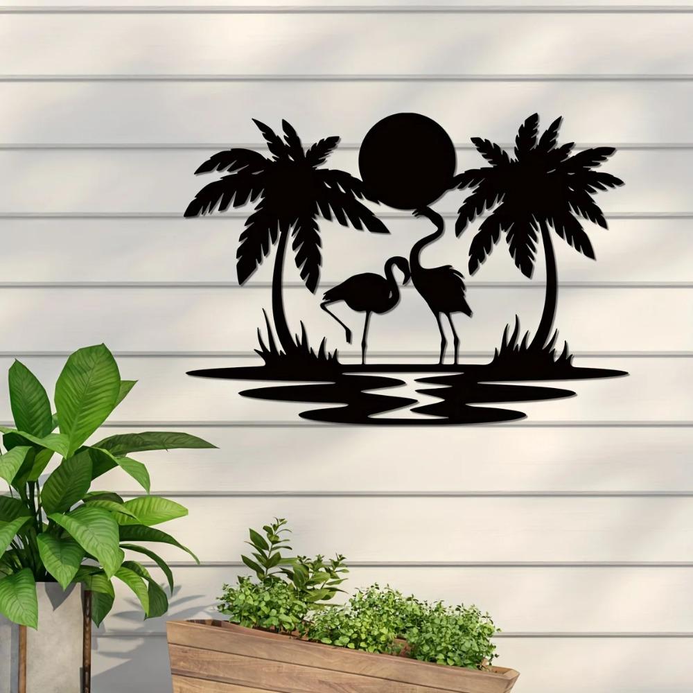 Metal Flamingo Palm Tree Sunset Sign - Vibrant Wall Décor, Ideal for House, Bedroom, Living Room, and Perfect Housewarming Gifts